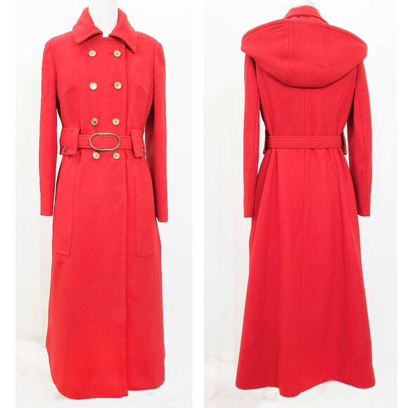 First Glance 1970s Vintage Womens Red Maxi Wool Coat Belt Removable Hood